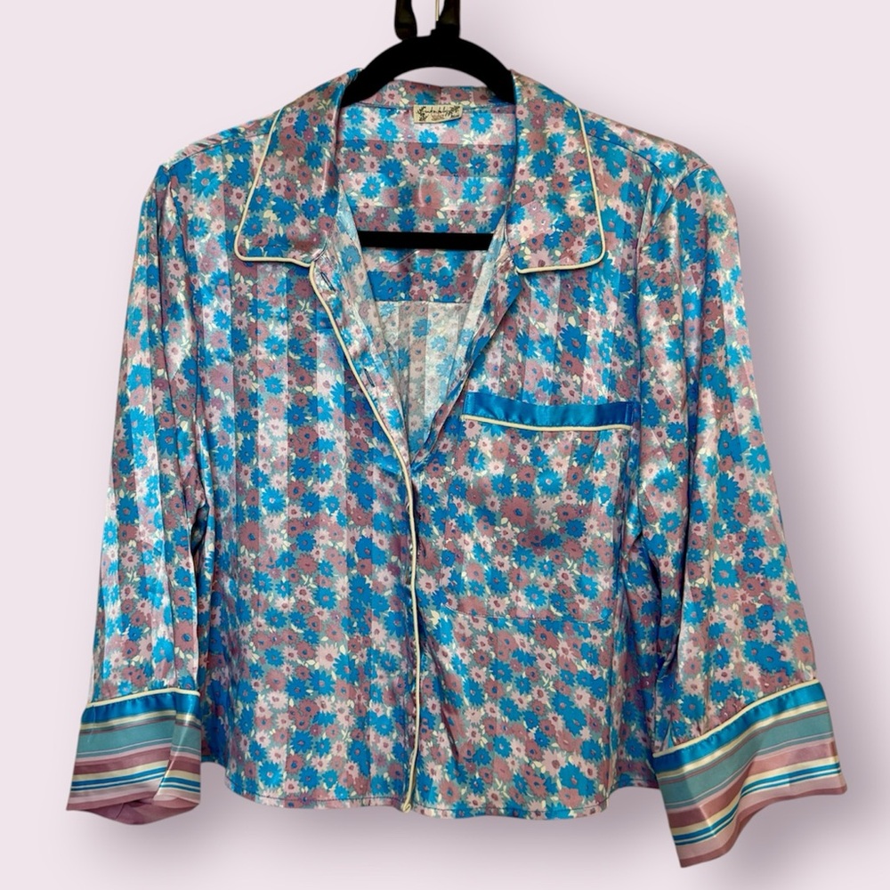 Free People Pillow Talk Satin Pajama Top Blue White Pink Size Large